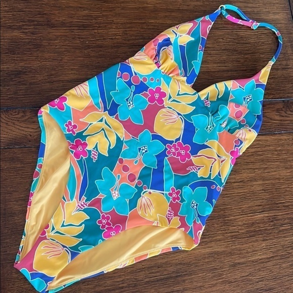 Marine Layer Plunge One Piece Swimsuit Medium Hibiscus Tropical NWOT Hawaiian